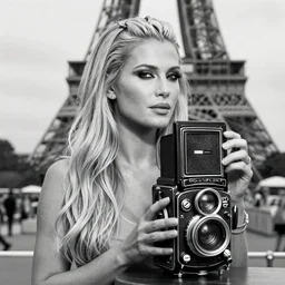 photo of Paris Hilton by Diane Arbus, black and white, high contrast, Rolleiflex, 55mm f/4 lens