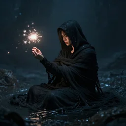 a true hero, sinking, wrapped in black, clutching a hopespark in the drifting voids