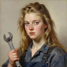 baroque oil painting character headshot portrait concept art, realism key visual of young female mechanic, oily coveralls, holding spanner, studio soft light directed, gaze finely detailed perfect face, long flowing blonde hair, blue eyes, trending on pixiv fanbox, painted by greg rutkowski
