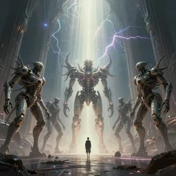 otherworldly ambient occlusion render metaphysical scifi cosmic skullpunk biomech creatures entering the ethereal plane mecha cathedral, art by artgerm, wlop, loish, ilya kuvshinov, muted vaporwave ombre, leading lines, fractal lightning, lichtenberg figures, vanishing point, volumetric lighting, god rays