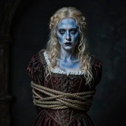 dark portrait, death blonde woman in medieval dress, strangled with rope, bluish face, victorian style, high detail