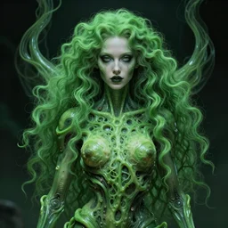 beautiful woman fused with a green soulless husk, lovecraft, android, cosmic entity, the thing, the blob, long curly hair, ghostly, portrait, intricate details, by vincent di fate, artgerm, julie bell, beeple and Greg Rutkowski, 80s, concept, Smooth gradients, octane render, 8k, High contrast, duo tone, depth of field, very coherent symmetrical artwork