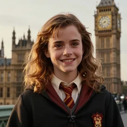 film still. [ teenage ] emma watson as hermione granger. happy. smiling. screenshot. standing in front of big ben. cinematic lighting. medium close up. during golden hour. extremely detailed. 4 k. award winning.