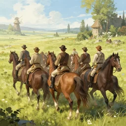 a group of people riding on the backs of horses, a storybook illustration by krenz cushart and phil hale, pixiv contest winner, fantasy art, official art, concept art, storybook illustration. detailed masterpiece.