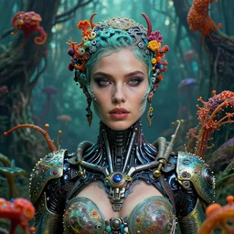 in alien toxic forest, portrait of a beautiful woman in ornate nano tech suit, sci - fi, spores, high detail, vibrant colors, face, by gaston bussiere, bayard wu, greg rutkowski, auguste bourotte, bastien deharme, masterpiece, sharp focus, cinematic lightning