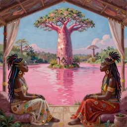 a regal and heroic african queen with  colorful dreadlocks sitting in a cabana near a pink river with a large glowing baobab tree in the center, by amanda sage and alex grey and evgeni gordiets in a surreal psychedelic style, symmetrical, detailed eyes, oil on canvas 8k, hd
