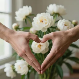 atmospheric beautiful men's strong hands are folded in the form of a loving heart against the backdrop of delicate white peonies in a bright spring room, wrote renaissance michelangelo