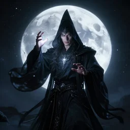 portrait of moon wizard preparing for a ritual, handsome, glowing, magical, dynamic lighting, dark, menacing, 4 k octane render. by magali villeneuve krenz cushart repin