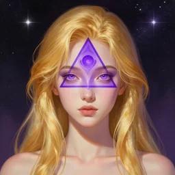 centered head and shoulders portrait of a gallent golden haired girl with open purple third eye chakra, geometric third eye triangle, sci - fi face, space background, breathtaking stars, elegant, highly detailed, digital painting, artstation, concept art, smooth, sharp focus, illustration, anime asthetic, art by artgerm and greg rutkowski and alphonse mucha