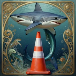 shark mermaid, lower half traffic cone, full body, underwater background detailed atmospheric - ron cheng & alphonse mucha, highly detailed, digital painting, ray tracing, concept art, illustration, smooth sharp focus, intricate, symmetry, artstation,
