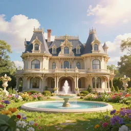 beautiful landscape, gorgeous victorian mansion with beautiful garden with fountain and flowers, sunny sky with fluffy clouds, iredescent soft glow bloom effect, dream - like, baroque portrait painting, perfect composition, beautiful detailed intricate detailed octane render, unreal engine 5, trending on artstation, 8 k, photorealistic, volumetric cinematic perfect light, chiaroscuro, masterpiece, raphael, caravaggio, beksinski, ghibli