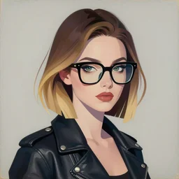 beautiful sleek and stylish woman with asymmetrical ombre hair wearing oversized euro glasses and a leather jacket. anaglyph lighting, detailed character design, melancholic flat vector geometric minimalism by oskar schlemmer, moebius, nagel, john berkey, oil on canvas, portrait facial head, featured on artstation, hd wallpaper, anime art nouveau