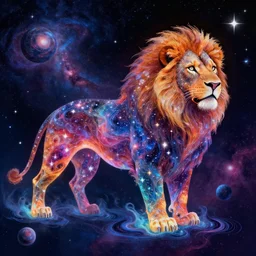 concept art of a lion made of stars in space, vibrant colors, nebulas and astral objects, elegant, melting nebulas, very detailed, epic fantasy art, very colorful, ornate