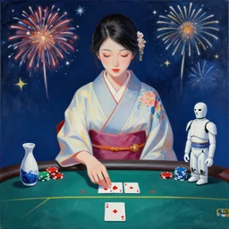 woman in a japanese kimono sitting at an extremely detailed poker table with the startrooper, sake on the table, fireworks and stars on the background, by roy liechtestein, canvas, acrylic paint, cool color palette, 4 k, ultra - hd