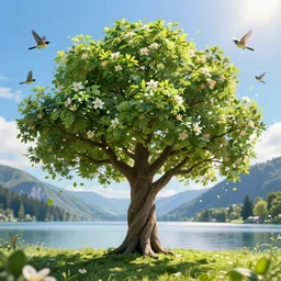 a beautiful awesome artistic tree in the sunny day, with falling flowers like leaves and many birds, all in the amazing outdoors view, mountain in the background, lake, long exposure, 8 k resolution, trending on artstation