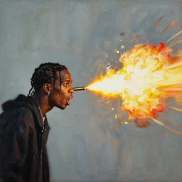 travis scott, muzzle flare, head exploding, bullet line, painting by phil hale, francisco goya,'action lines '!!!, graphic style, visible brushstrokes, motion blur, blurry, hd image, sideview