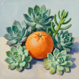 “an orange, surrounded by succulents, painted in the style of Matisse”