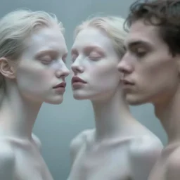 out of focus photorealistic portrait of beautiful aesthetic pale women and men by sarah moon and michael carson, very blurry, translucent white skin, closed eyes, foggy