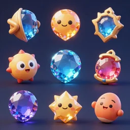 Game assets, gems of power, cartoony, various items, trending on artstation, HD, Octane render, smooth, sharp focus