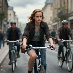 cinematic shot epic portrait emma watson riding a bicycle in the streets, atmospheric, cloudy, broad light, ambient occlusion, volumetric light effect, made by ivan aivazovsky, peter mohrbacher, greg rutkowski, ross tran, matte painting, trending on artstation, 4 k, perfectly defined features, digital painting, cinematic, epic, highly detailed,