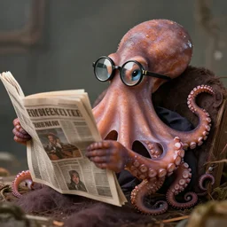 a fancy rich octopus with a monocle reading a newspaper. nature photography