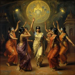 blindfolded 8 0's srilankan womans are dancing on temple, painting by james jean, craig mullins, j. c. leyendecker, lights, art by ernst haeckel, john william godward, hammershøi