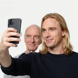 a young man with long blond hair taking a selfie with john cleese at a hightech exhibition, in the style of annie leibovitz