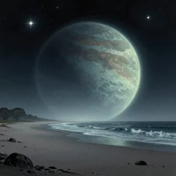 surrealist art, nighttime on a beach on an alien planet with strange and beautiful scenery, stars, gradients, grainy, glowy foggy lighting, matte colors, trending on artstation