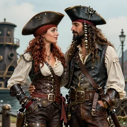 a fully clothed, steampunk, female pirate captain with her pirate boyfriend. couple. love. art by dean cornwell.