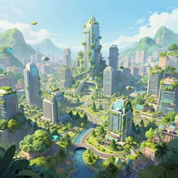A solarpunk city coexisting with nature, digital art