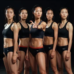 high quality realistic photo of beautiful chinese female athletes, very skinny and muscular physiques, defined muscles, oiled skin, wet hair, wet activewear ; kodak ektar, 2 0 0 iso, 3 5 mm lens, bill henson style beautiful chiaroscuro lighting, beautiful colour palette, beautiful and realistic, wide shot