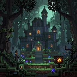 cyberpunk, haunted forest with spooky castle, extremely detailed, pixel art, soft light, fantasy, digital painting, art station, fine details, style by minecraft