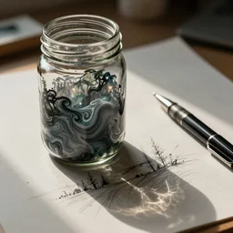 sketch of technical pen and glass canning jar of swirling ink shimmering on a desk, dramatic afternoon lighting, spattered, muted colors, heavy metal, by moebius