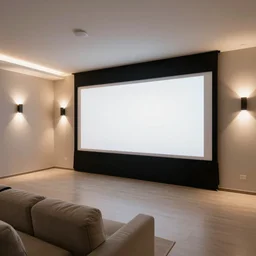 very wide angle, a modern home movie theater with big screen, stylish wall sconces, old popcorn machine!, movie posters!, very happy and cozy, interior designed by kelly wearstler, rough watercolor painting
