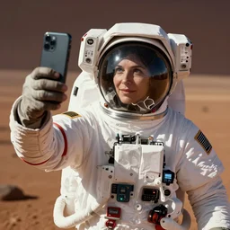 an astronaut taking a selfie with a cell phone with mars in the background, a macro photograph by elfriede lohse - wachtler, polycount, superflat, adafruit, angular, matte photo