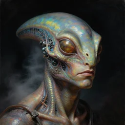 a neoclassicist close - up portrait of a reptile entity man with surrealist features. iridescent reflective alien technology. foggy black background. highly detailed science fiction painting by norman rockwell, frank frazetta, syd mead and moebius. rich colors, high contrast, gloomy atmosphere, dark background. trending on artstation.