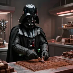 film still of Darth Vader working as a chocolatier in the new Star Wars movie, 4k