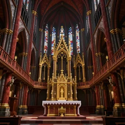 hyper detailed interior of a gothic cathedral with deep red black and gold accents, elaborate altar in the center with balconies along the side, in the style of minecraft