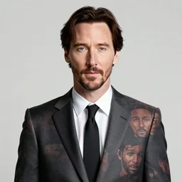 keanu reeves wearing a suit made out of a pattern of keanu reeves face