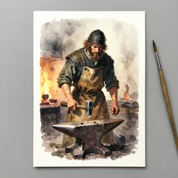 small centered on watercolor paper, paint brush strokes, abstract watercolor painting of dirty medieval blacksmith with apron and hammer, anvil, furnace, cinematic light, national romanticism by hans dahl, by jesper ejsing, by anders zorn, by greg rutkowski, by greg manchess, by tyler edlin