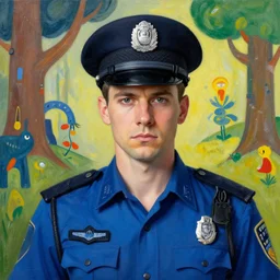 serious face of a dream policeman painted by johan grenier against a playful whimsical fantasy backdrop painted by paul klee
