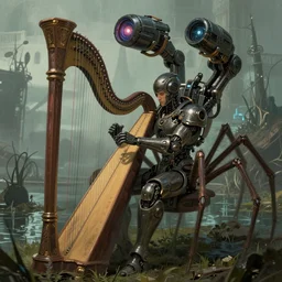full shot portrait of medieval - cyberpunk - spider - mech with giant laserturret and playing on the laser harp, cyberpunk 2 0 8 8, scene of swamp battleground background, elegant, digital illustration, detailed, intricate, sharp focus, digital painting, deep focus, artstation, matte, art by artgerm and greg rutkowski and alphonse mucha