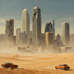 extremely detailed post - apocalyptical wasteland with destroyed skyscrapers in the hazed background and a plain desert in the front in the style of mad max and blade runner. painted by james chadderton. surrealism composition perspective drawing high resolution detail.