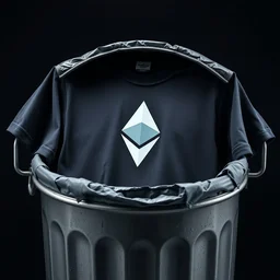 a photo of a t - shirt!!!! with an ethereum!!!! logo with an ethereum!!!! logo thrown inside a dirty trash can, product photo, photorealism, contrast lighting, front lit