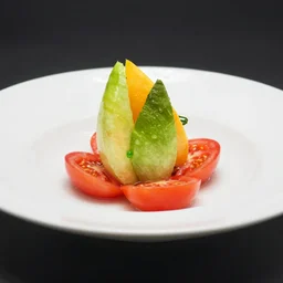 fruit salad with tomato slices, michelin star restaurant, 4K photo
