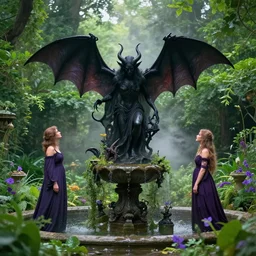 a black demon worshipping a demonic altar atop a fountain in a lush dense verdant garden by ferdinand knab and gil elvgren and wendy froud, bat wings, mist, hyperrealism, volumetric lighting, god rays, ultrafine details, sfumato, purple flowers, overgrown