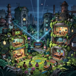 a beautiful hyperdetailed anime illustration of game room nature architecture abandoned industrial architecture city by carlo stanga, wilderness anime at night laser magic realism, archdaily, wallpaper, highly detailed, trending on artstation.