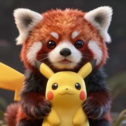 high quality 3 d render close - up of very cute red panda & cat hybrid, vray, detective pikachu, very dramatic light, low angle uhd 8 k, shallow depth or field