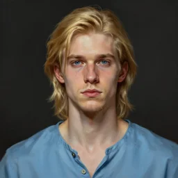 digital oil portrait of a skinny european male, slightly longer blond hair and a light stubble beard, wearing a light blue shirt, blue eyes, rugged, teenage no, fantasy, wizard, trending artstation, dungeons & dragons, neutral expression, dark lighting, high detail texture brush
