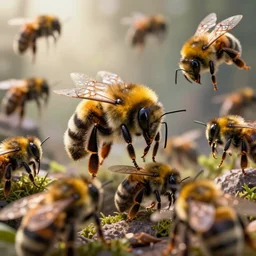 Bumblebees going to war,  realistic 4k octane beautifully detailed render, 4k post-processing, highly detailed, intricate complexity, epic composition, magical atmosphere, cinematic lighting, masterpiece, ultra hd